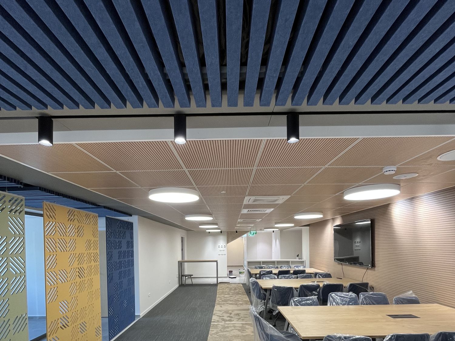 אולם הרצאות עם תקרה אקוסטית ותאורה לינארית